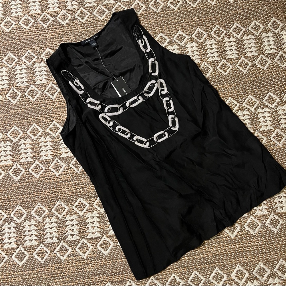 NWT BANANA REPUBLIC M SILK BLACK BLOUSE SLEEVELESS CHAIN BEADED EMBROIDERED